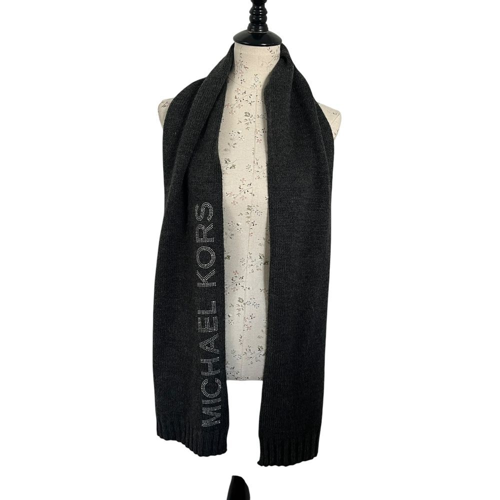 Michael Kors MK Gray‎ Neck Scarf Knit Studded Bewjeled Logo 70" Inch Scarf